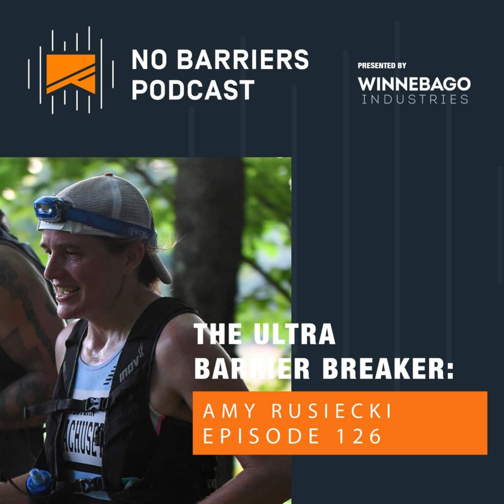 Amy's official No Barriers Podcast graphic featuring her running and the title "The Ultra Barrier Breaker"