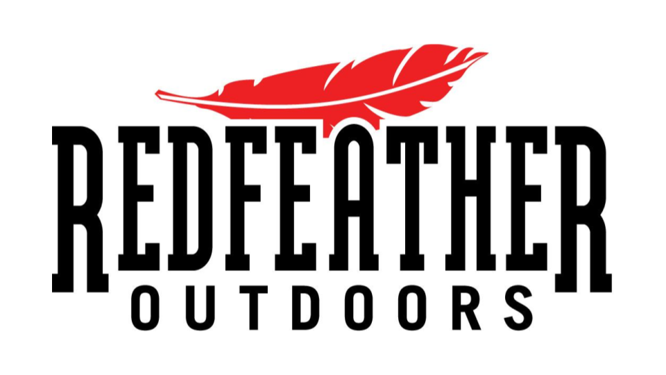 Redfeather Outdoors logo. Black text on a white background with a red feather icon.