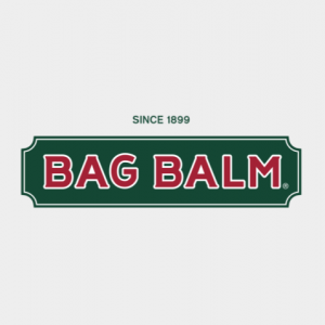 Bag Balm logo - red text on green background. 